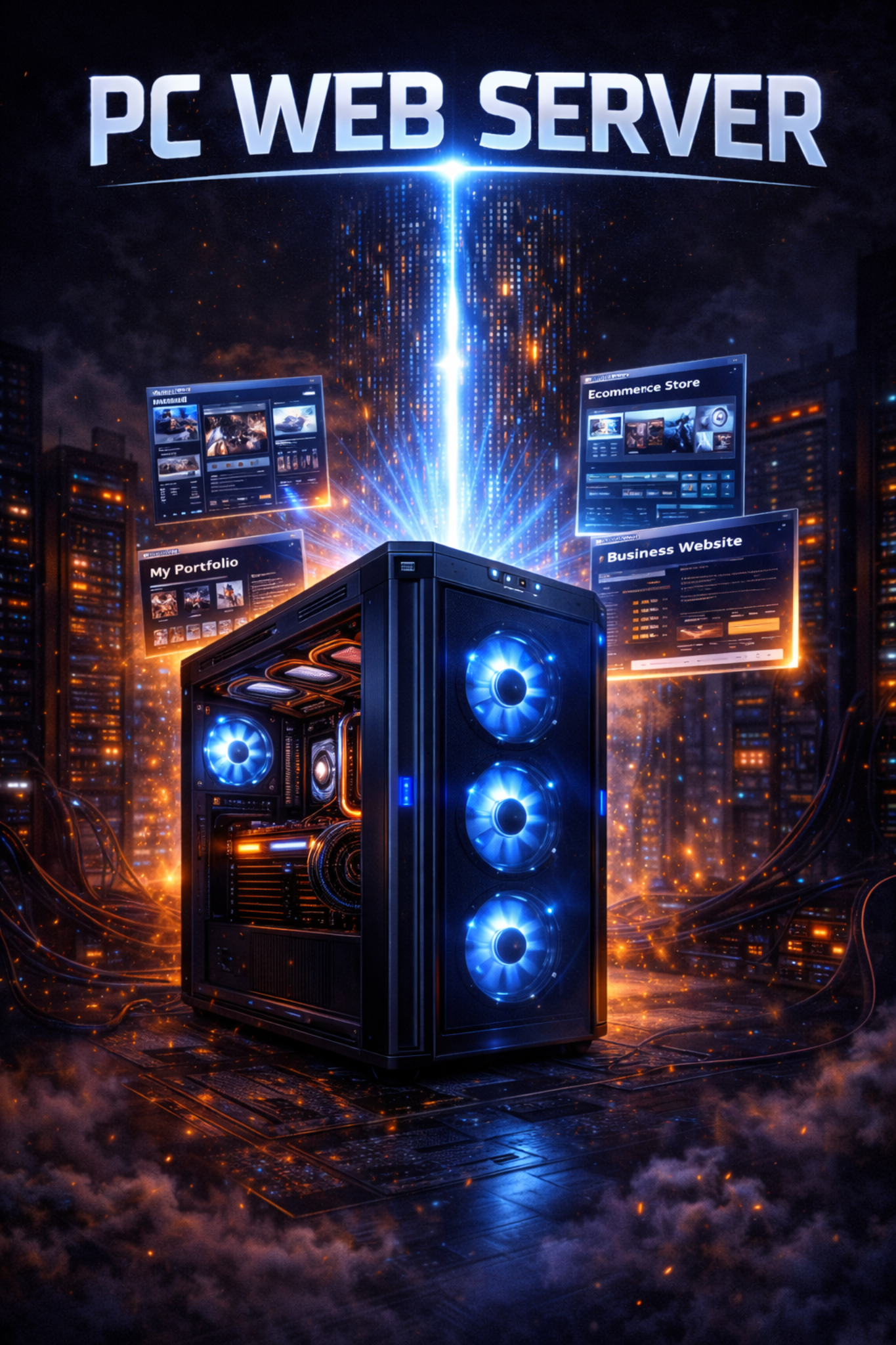 PC Web Server promotional hero image showing a Windows-based server workstation