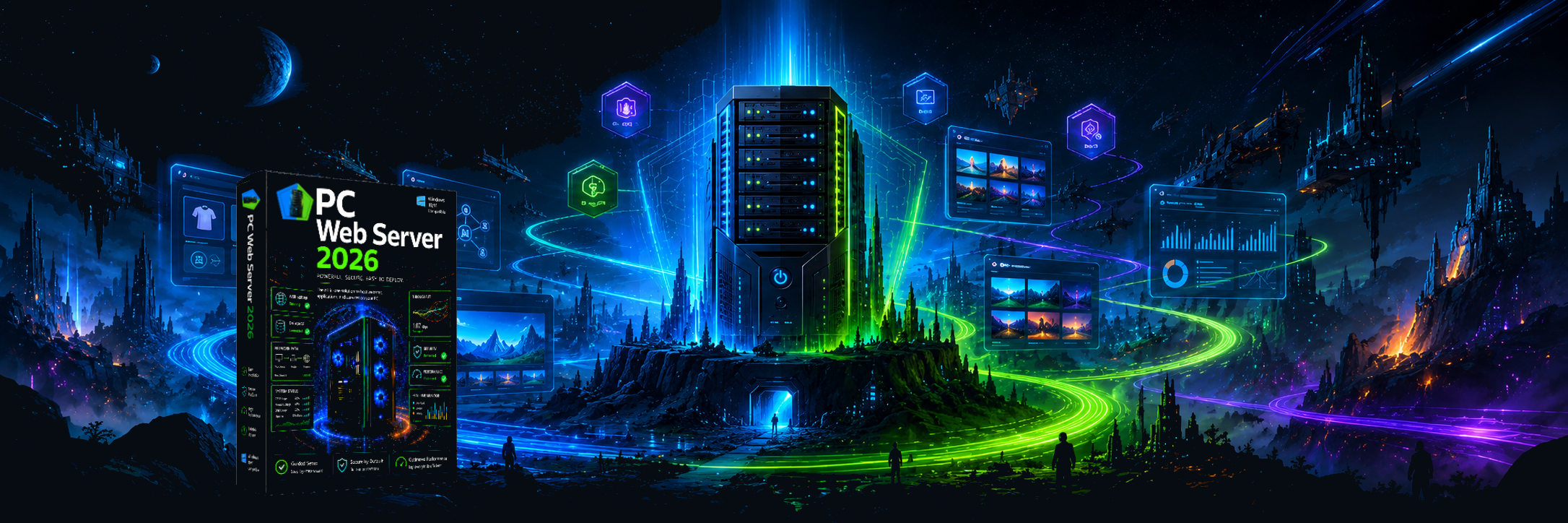 Futuristic ecommerce software platform connected to PC Web Server Core and official modules